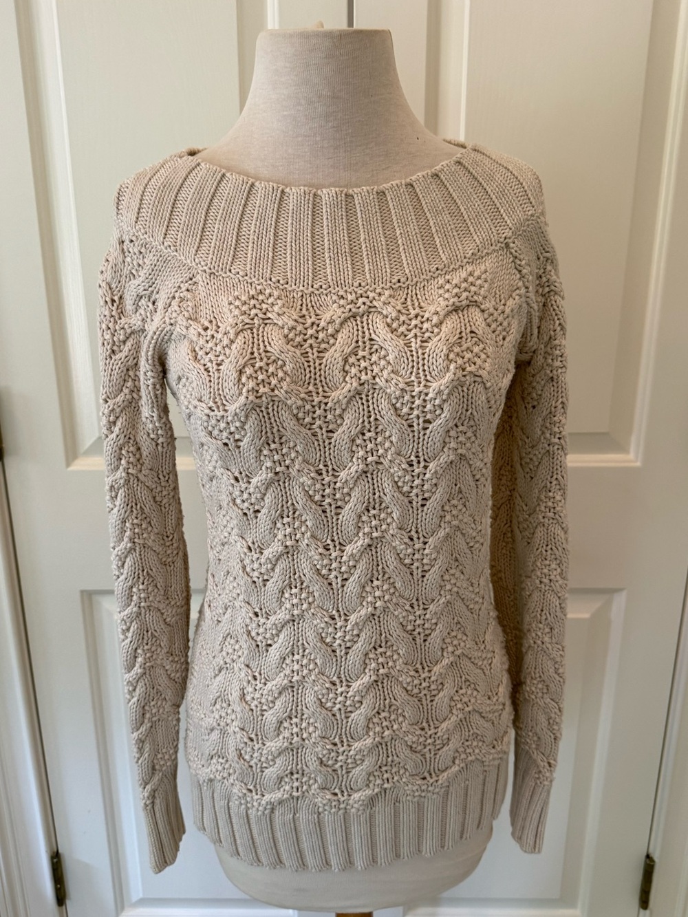 Chunky Cream Cable Knit Boatneck Fisherman’s Sweater